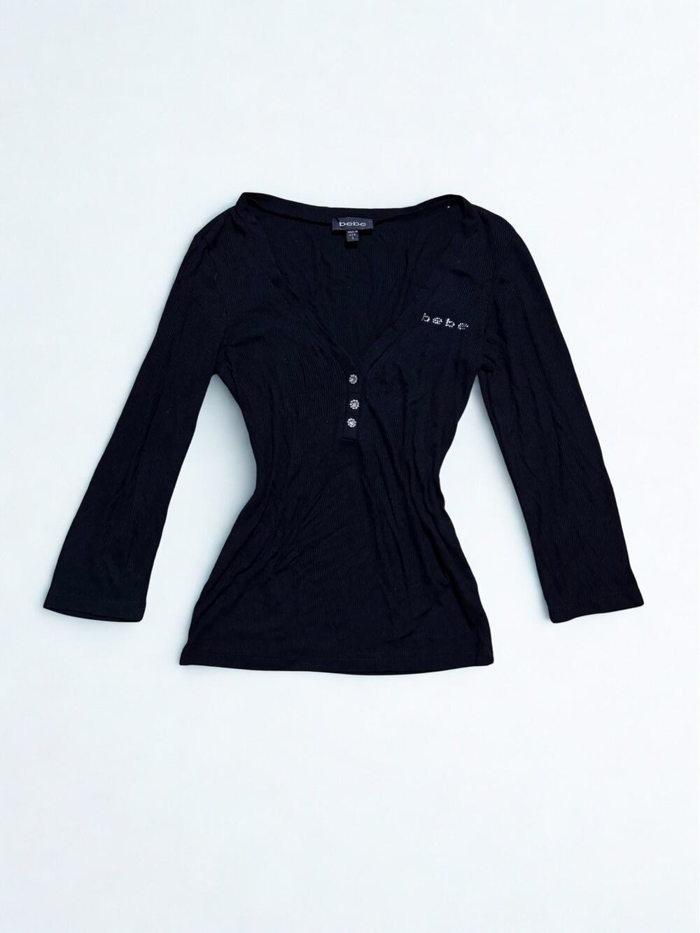 Vtg Y2K Bebe Black Soft Knit Henley Crystal Cut Buttons Rhinestone Logo Size S